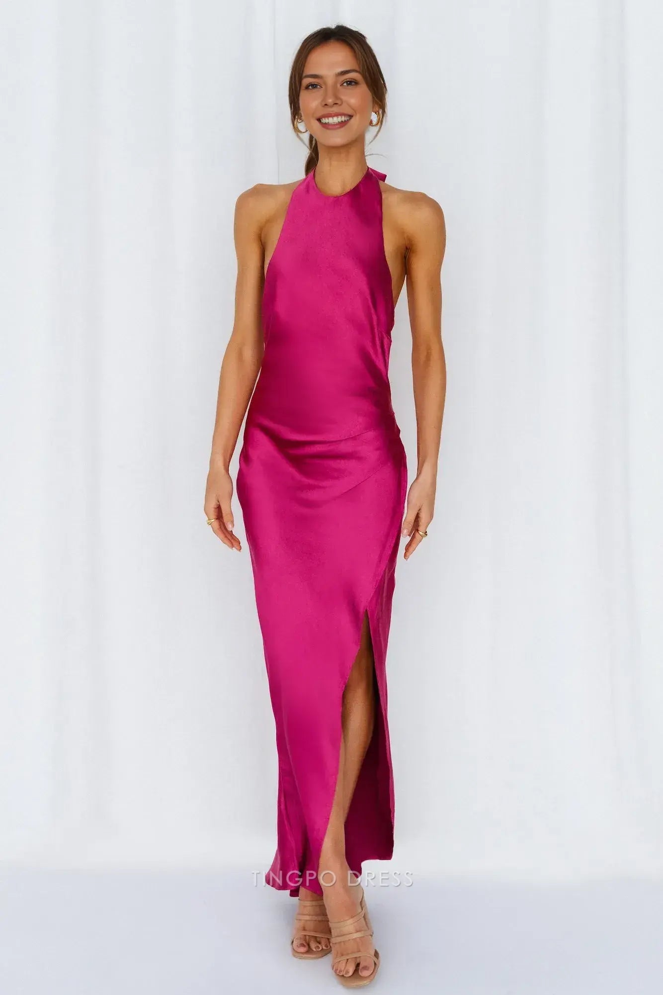 Satin Halter Neck Maxi Dress with High Slit Prom Dress
